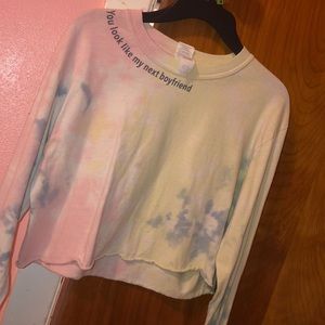 Crop tie-dye shirt say “you look like my next bf “